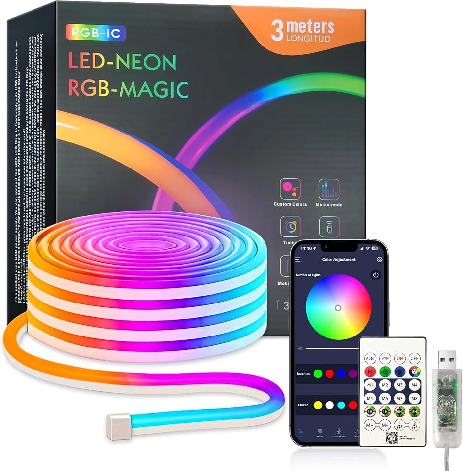 LED�l�I�����C�g USB���d RGBIC �`���[�u���ԐڏƖ� ���y���� 256�F�A�v������ (RGBIC 1600���F,  3���[�g��)