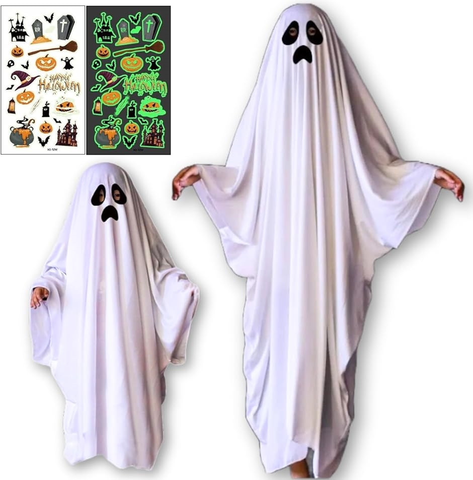 ハロウィン コスプレ 子供 大人 マント ポンチョ 仮装 衣装 ホラー ゴースト 幽霊 タトゥーシール付き(おばけ,  L)