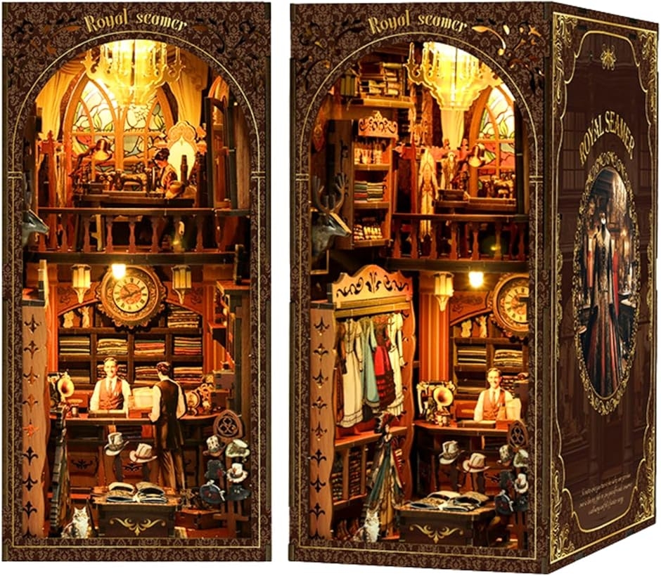 ブックヌック キット ドールハウス ミニチュア LEDライト付き 立体パズル 木製 ウッドパズル 本棚 DIY 手作り (古都の仕立て屋)