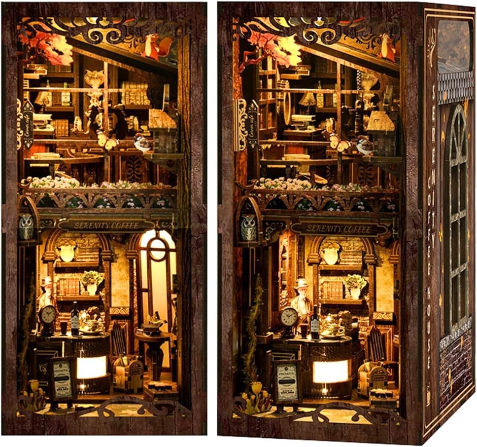 ブックヌック キット ドールハウス ミニチュア LEDライト付き 立体パズル 木製 ウッドパズル 本棚 DIY 手作り (路地裏のカフェ)
