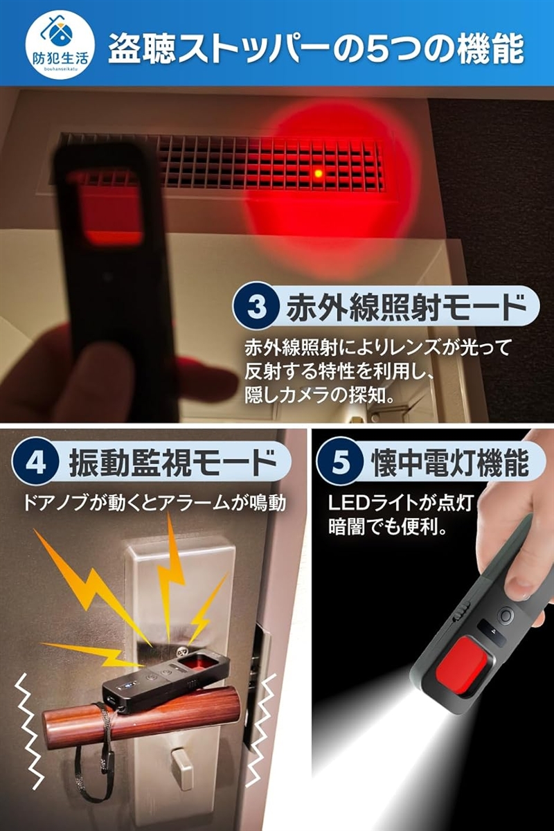 防犯設備士監修 5WAY多機能発見器 盗聴ストッパー 女性の安心旅に これ 