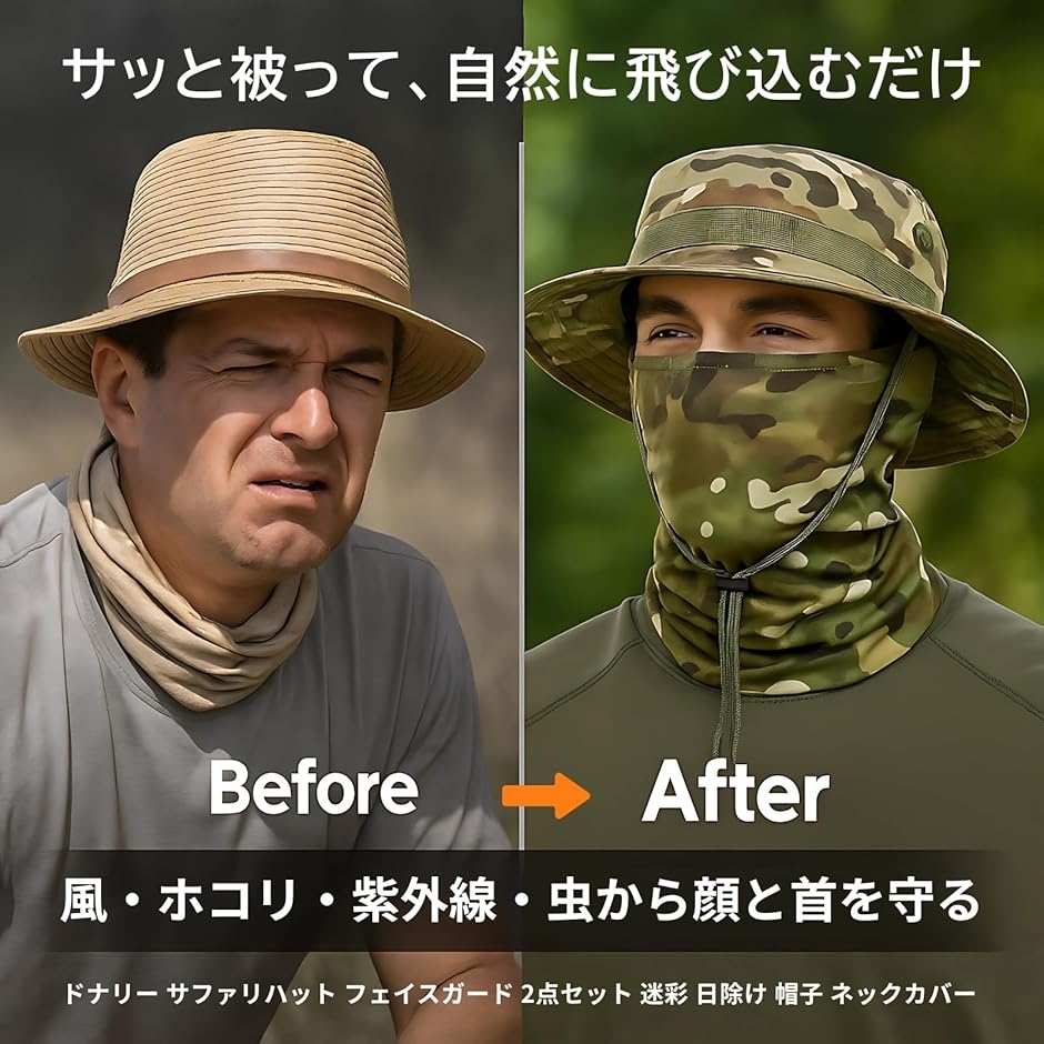 サファリハット フェイスガード 2点セット 迷彩 日除け 帽子 ネック