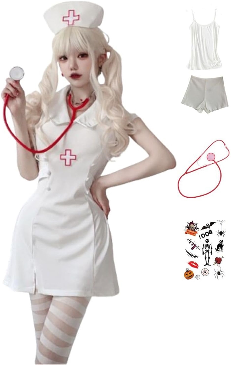 ハロウィン コスプレ レディース 仮装 ナース セクシー かわいい 看護婦 看護士 制服 透けない インナー付き(ホワイト,  M)