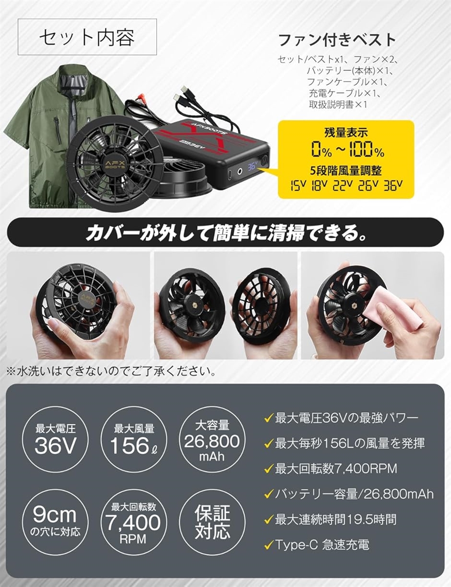 ①最安！　空調服用　ファンバッテリーセット　 36V　 26800mAh 楽天市場】36V超高出力 最新 ファンバッテリーセット ファン付き