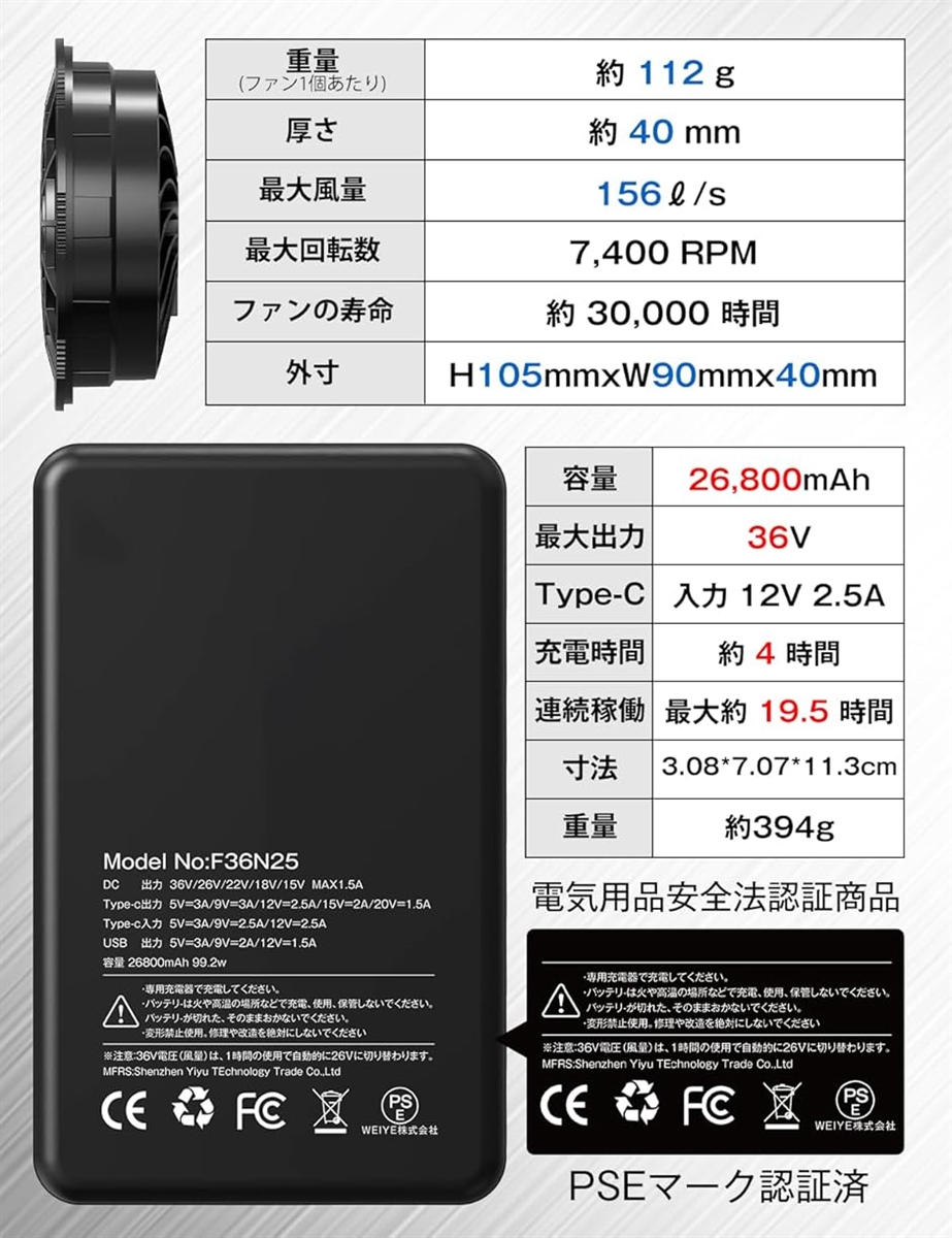 【ラスト1つ】空調服用　バッテリー付　36V 26800mAh 最安！ 空調服用 ファンバッテリーセット 36V 26800mAh 156L/S