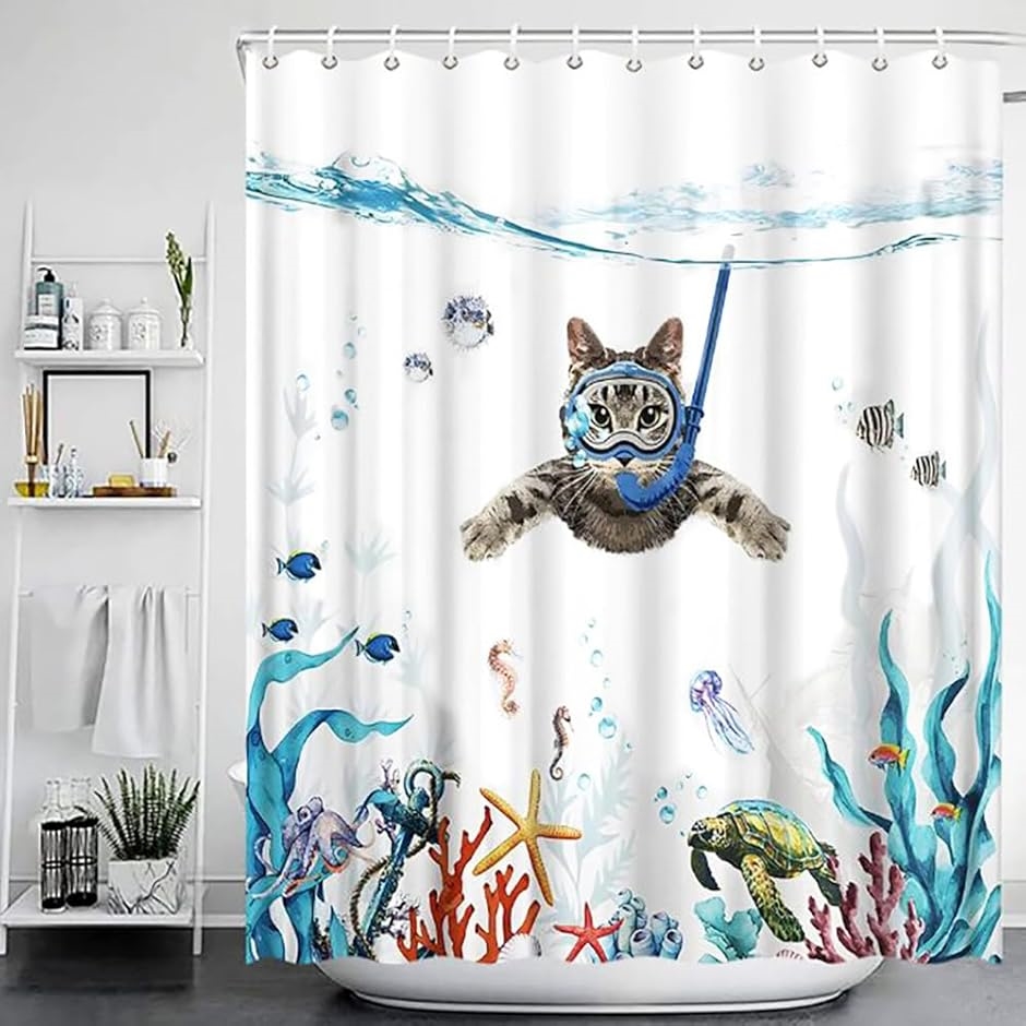 シャワーカーテン 防水 防カビ 180丈 猫 可愛い おしゃれ ユニットバス