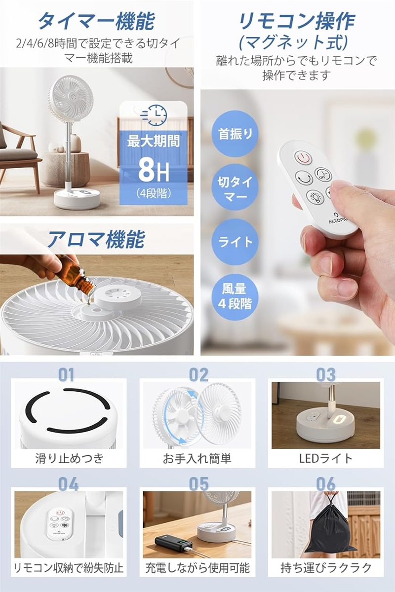 コードレス扇風機 7200mAh USB充電式 折りたたみ扇風機 DC モーター