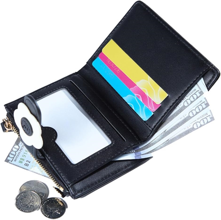 レディース 財布 2つ折り ミニ財布 大容量 小銭入れ カード収納 花型ホック付き(ブルー)