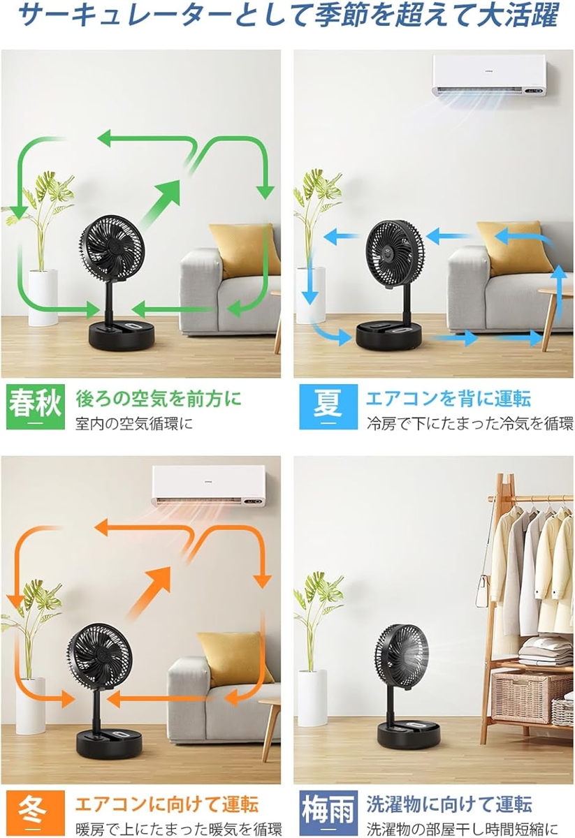 コードレス扇風機 7200mAh USB充電式 折りたたみ扇風機 DC モーター