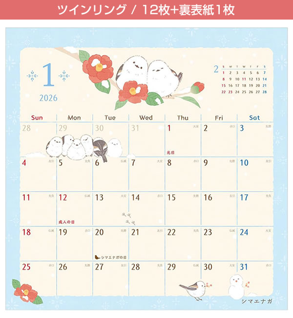 カレンダー 2026 壁掛け NB さえずり 5868614 ツインリング12枚+裏表紙
