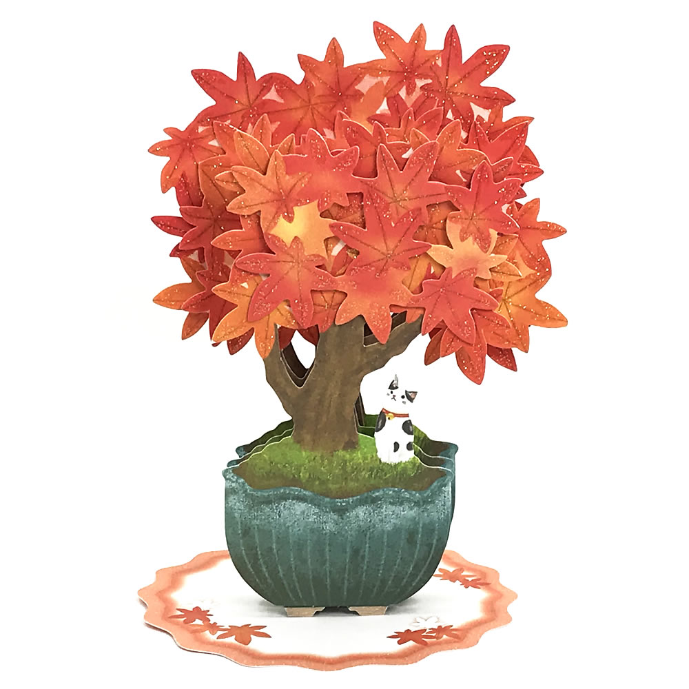 Hallmark 秋カード 盆栽 紅葉とねこ DAR-825-140 立体