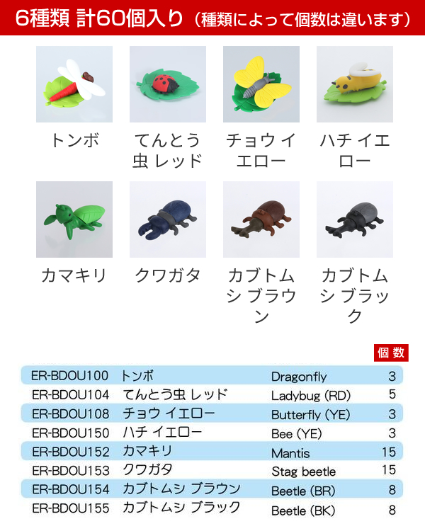 イワコー 昆虫消しゴム BOX 60個入 ER-KON001 6種類アソート 景品