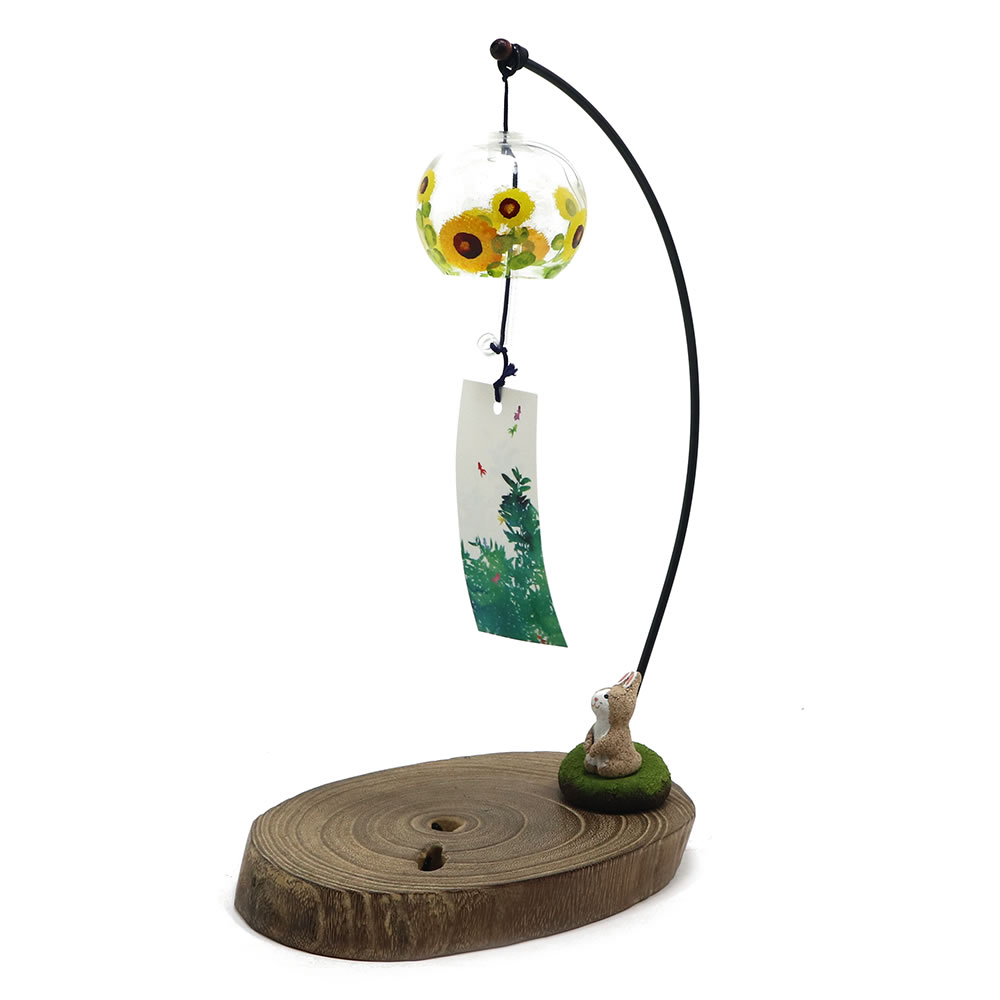会津桐卓上風鈴（風鈴取付タイプ） ひまわりとうさぎ R-337 プチ風鈴
