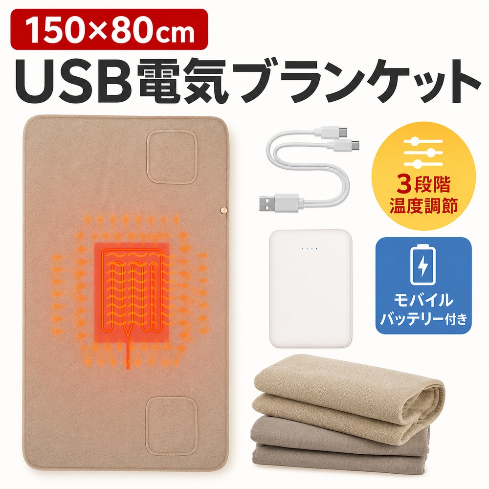 USB電気ブランケット 150×80cm 3段階温度調節 モバイルバッテリー付き