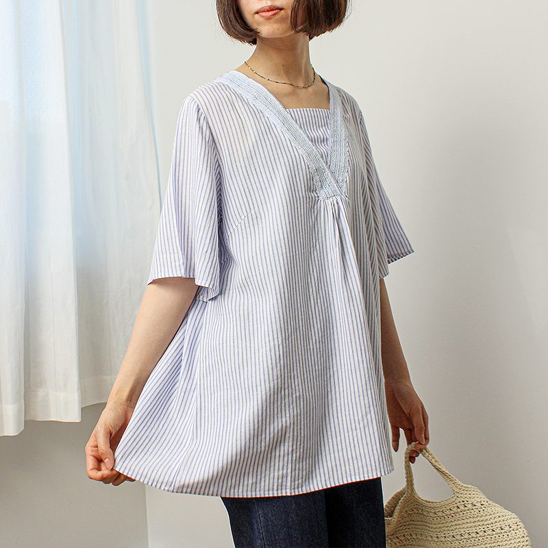MB mint breeze 接触冷感 レーヨン 麻 レース Vネック ブラウス