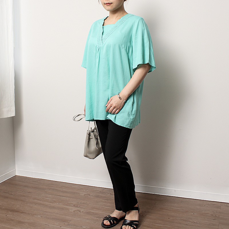 L〜5L 接触冷感 ストライプ きれいめ ブラウス 大きいサイズ レディース 夏物 半袖 5分袖fleur by mint breeze フルール バイ ミントブリーズ  wc20fa2507 MB mint breeze L〜5L 接触冷感 ストライプ きれいめ ブラウス