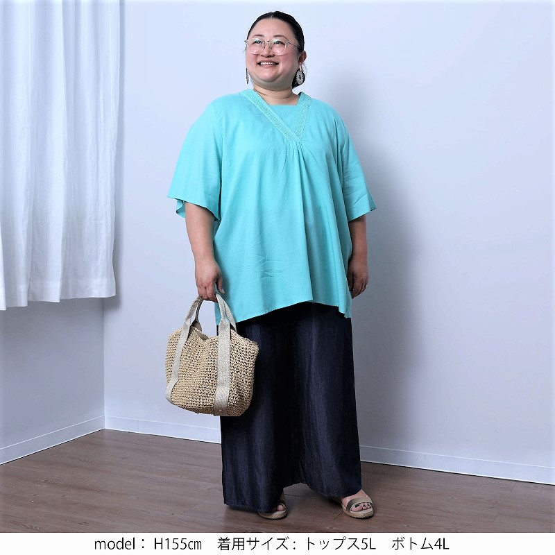 MB mint breeze 接触冷感 レーヨン 麻 レース Vネック ブラウス