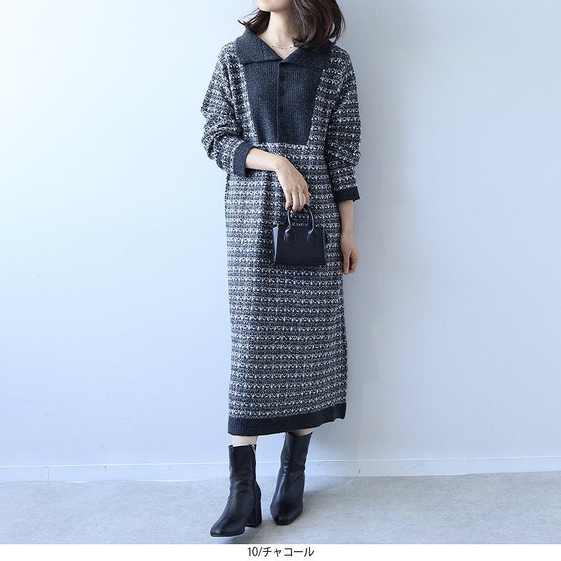 leswel L〜5L 襟付き ニットワンピース 大きいサイズ レディース 秋冬