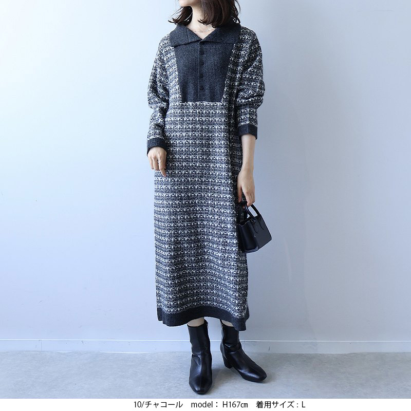 leswel L〜5L 襟付き ニットワンピース 大きいサイズ レディース 秋冬