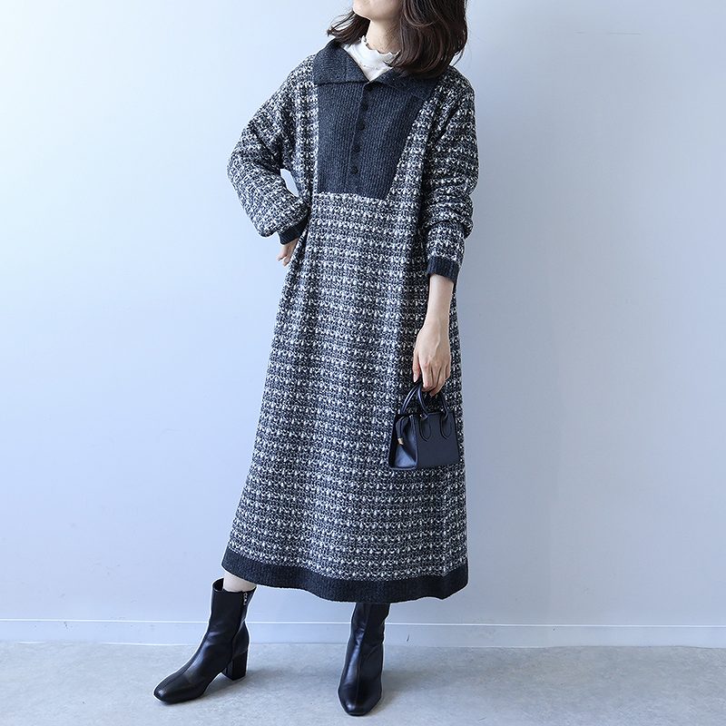 leswel L〜5L 襟付き ニットワンピース 大きいサイズ レディース 秋冬