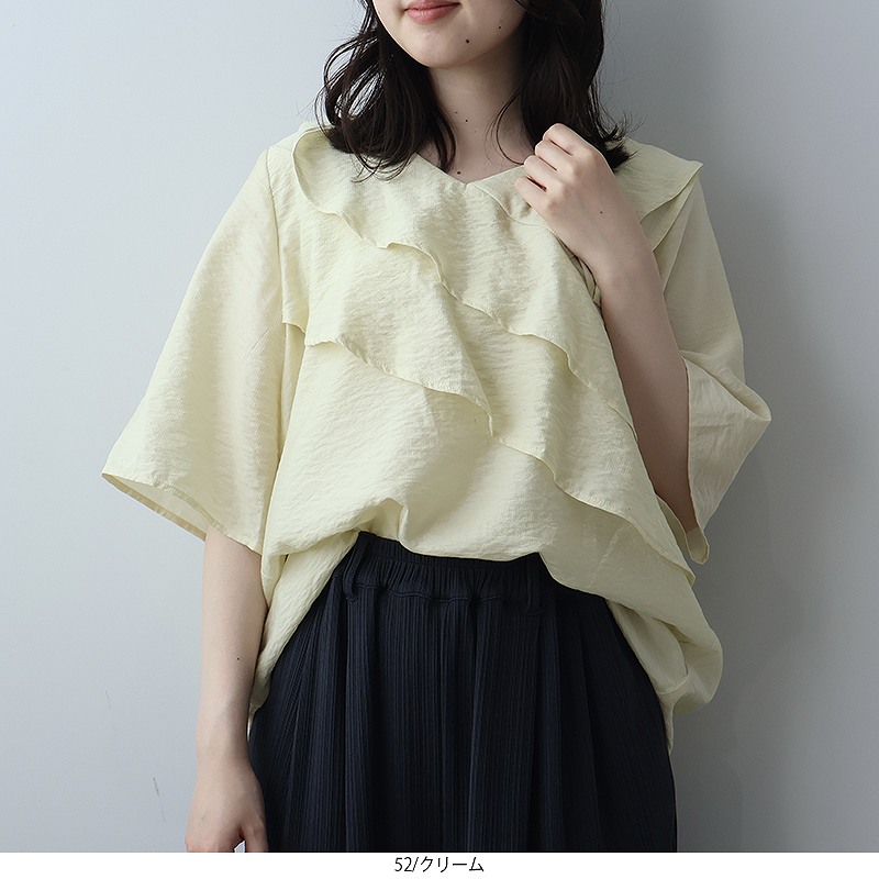 L〜5L ドライワッシャー Vネック 切替え ブラウス 大きいサイズ レディース 夏物 半袖 可愛いleswel レスウェル ミントブリーズおしゃれ 通販  wc20fa2507 MB mint breeze L〜5L レース付き Vネック ブラウス 大きい