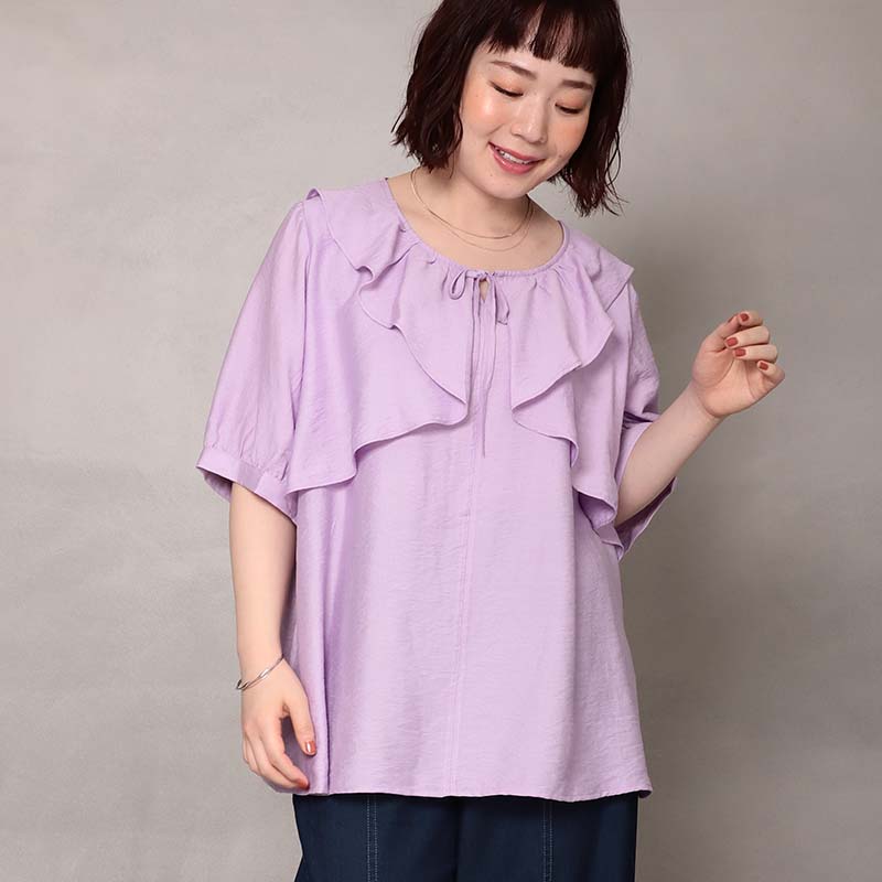 ゆゆ様　プリーツプリーズシワ加工　中丈ブラウス leswel レスウェルL〜5L WEB限定 ラッフルフリルブラウス 大きいサイズ