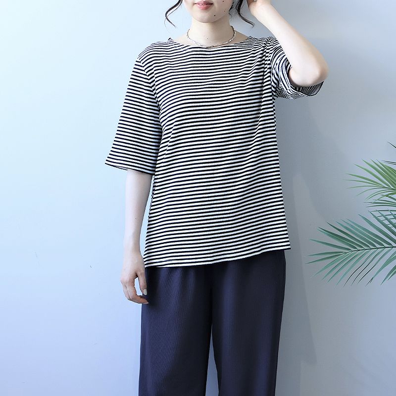 L〜5L 接触冷感 裾切替え カットソー 大きいサイズ レディース 夏物 ひんやり 涼しいボーダーmint breeze フルール バイ ミントブリーズ wc20fa2507 MB mint breeze L〜5L 接触冷感 裾切替え カットソー 大きい