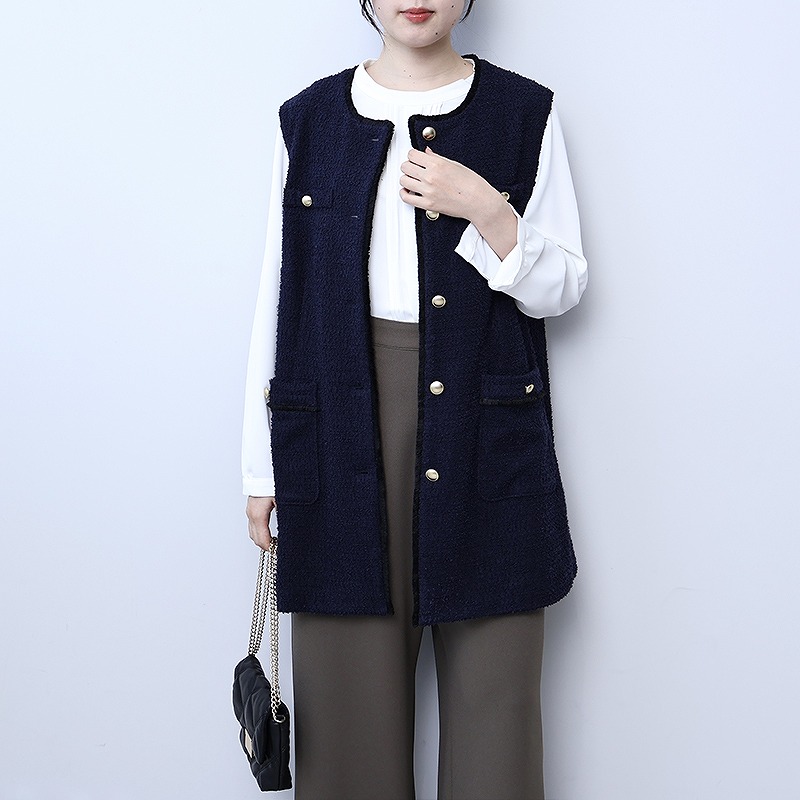 【 即日発送 】ツイードジレ ネイビー ベスト MB mint breeze（エムビーミントブリーズ） L〜5L フリンジ使い