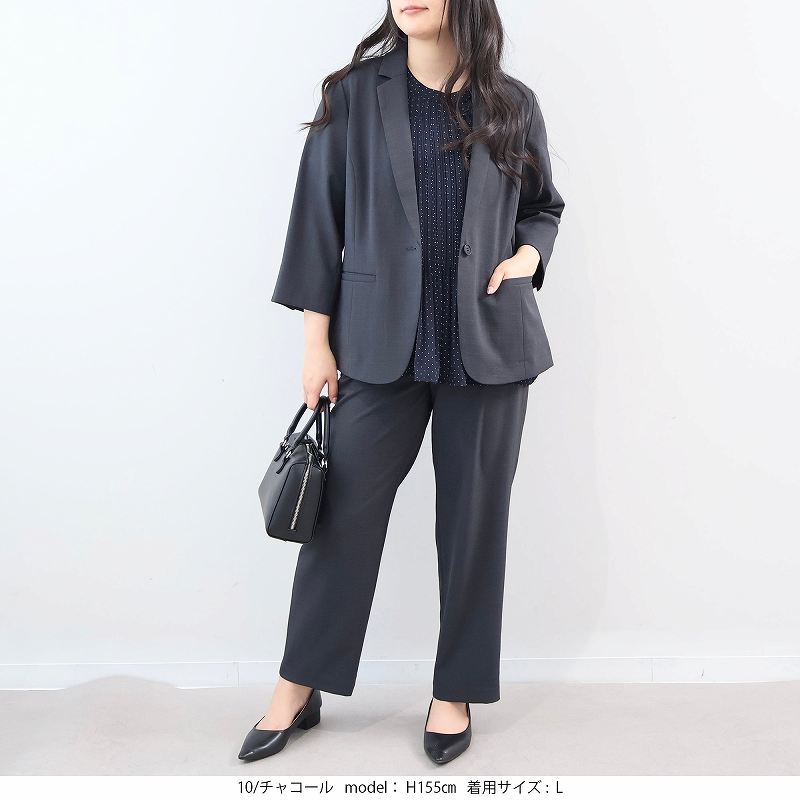 L〜6L 接触冷感 ストレッチ リネンライク テーラードジャケット 大きいサイズ レディース 春夏 7分袖fleur ミントブリーズの画像