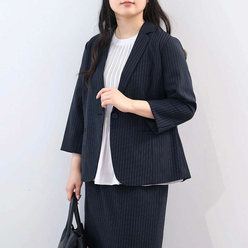 L〜6L 接触冷感 ストレッチ リネンライク テーラードジャケット 大きいサイズ レディース 春夏 7分袖fleur ミントブリーズの画像
