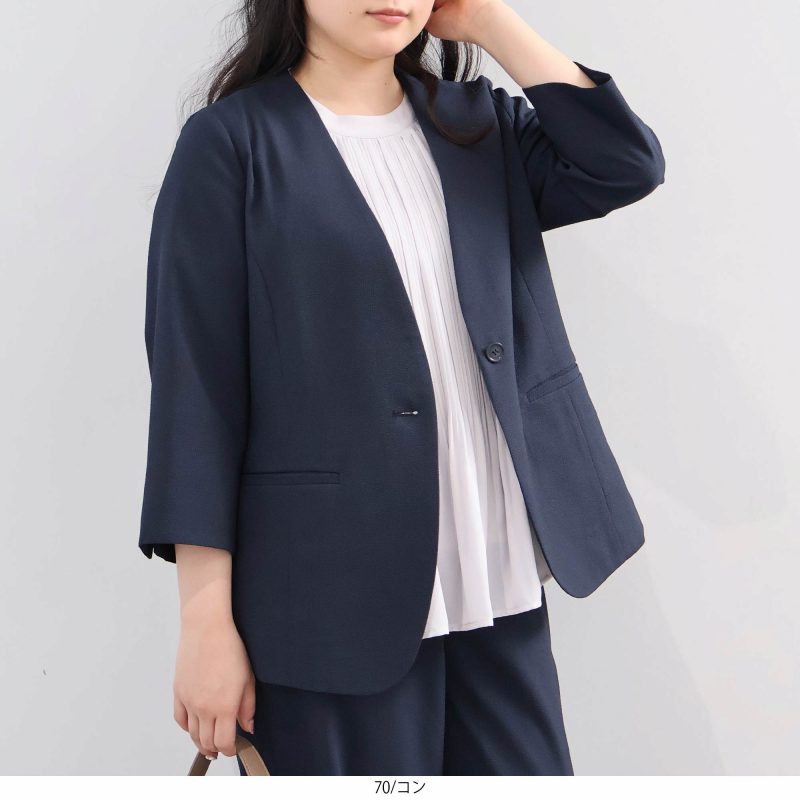 L〜5L イージーケア 吸水速乾 ドライサッカー 7分袖 ノーカラー ジャケット 大きいサイズ レディース fleur by mint breeze フルールバイミントブリーズの画像