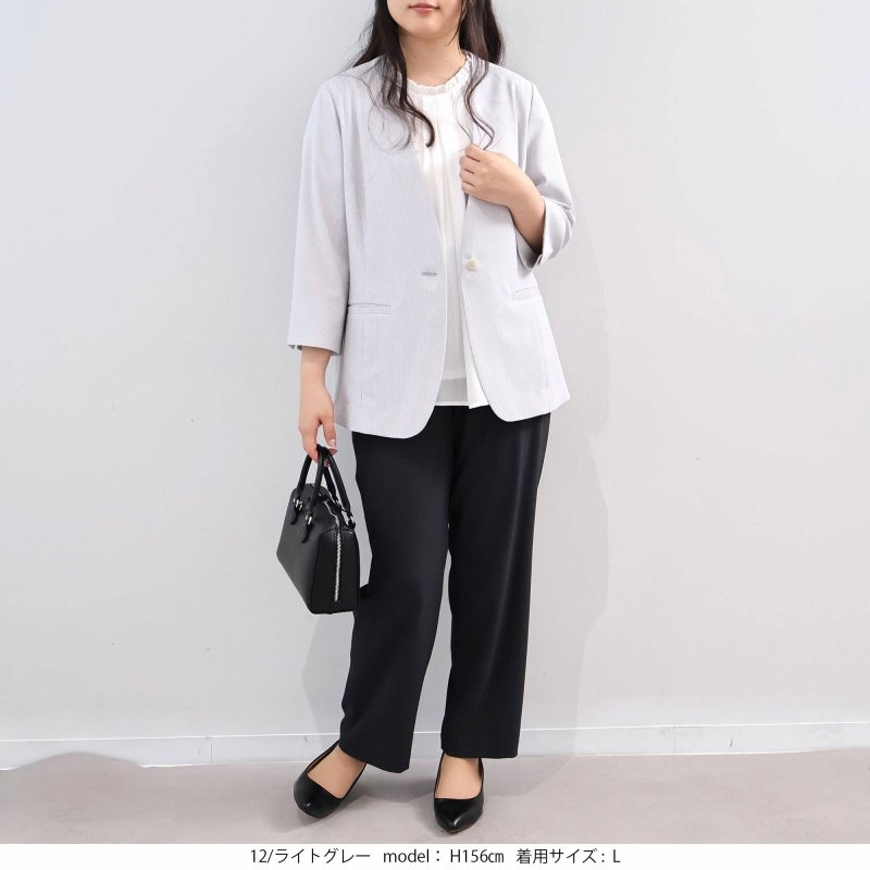 L〜5L イージーケア 吸水速乾 ドライサッカー 7分袖 ノーカラー ジャケット 大きいサイズ レディース fleur by mint breeze フルールバイミントブリーズの画像