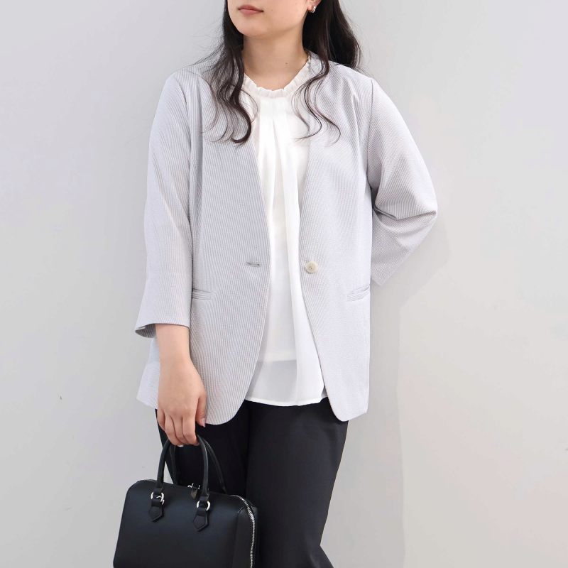L〜5L イージーケア 吸水速乾 ドライサッカー 7分袖 ノーカラー ジャケット 大きいサイズ レディース fleur by mint breeze フルールバイミントブリーズの画像