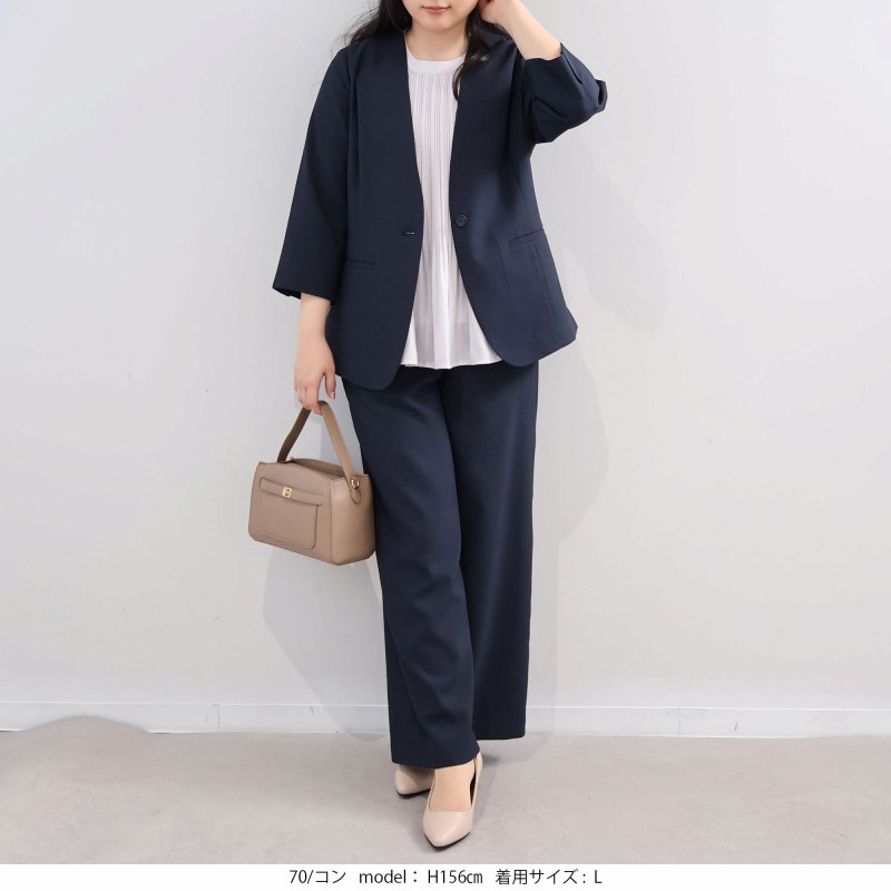 L〜5L イージーケア 吸水速乾 ドライサッカー 7分袖 ノーカラー ジャケット 大きいサイズ レディース fleur by mint breeze フルールバイミントブリーズの画像