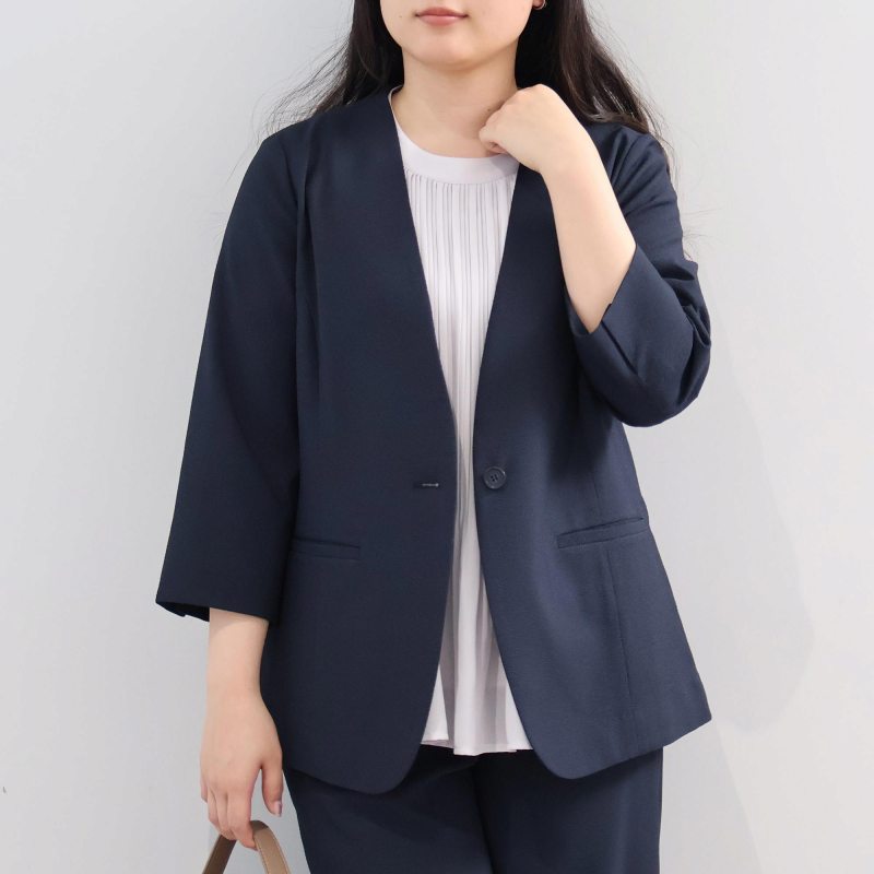 L〜5L イージーケア 吸水速乾 ドライサッカー 7分袖 ノーカラー ジャケット 大きいサイズ レディース fleur by mint breeze フルールバイミントブリーズの画像