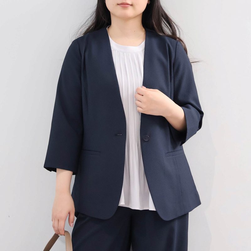 L〜5L イージーケア 吸水速乾 ドライサッカー 7分袖 ノーカラー ジャケット 大きいサイズ レディース fleur by mint breeze フルールバイミントブリーズの画像