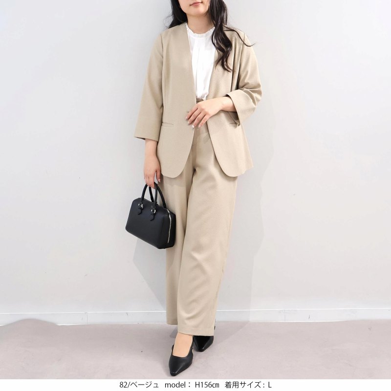 L〜5L イージーケア 吸水速乾 ドライサッカー 7分袖 ノーカラー ジャケット 大きいサイズ レディース fleur by mint breeze フルールバイミントブリーズの画像