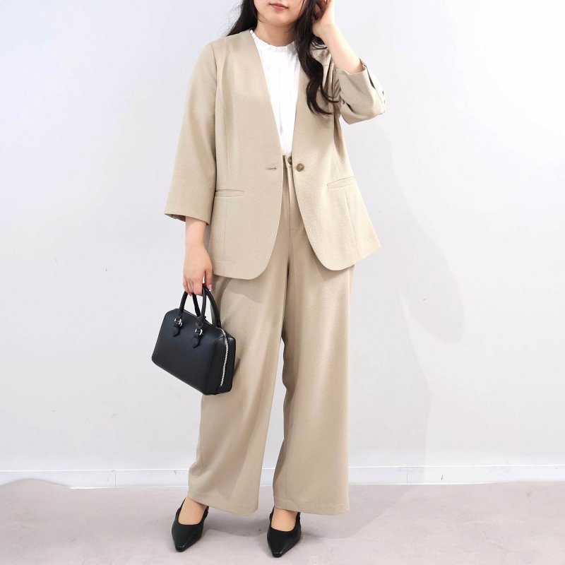 L〜5L イージーケア 吸水速乾 ドライサッカー 7分袖 ノーカラー ジャケット 大きいサイズ レディース fleur by mint breeze フルールバイミントブリーズの画像