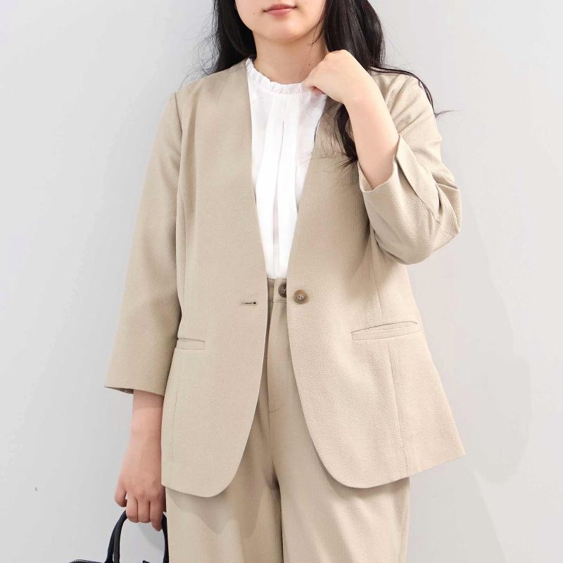L〜5L イージーケア 吸水速乾 ドライサッカー 7分袖 ノーカラー ジャケット 大きいサイズ レディース fleur by mint breeze フルールバイミントブリーズの画像