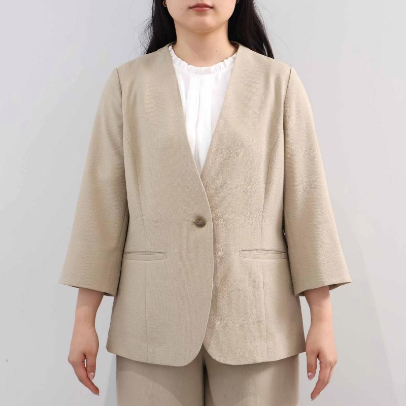 L〜5L イージーケア 吸水速乾 ドライサッカー 7分袖 ノーカラー ジャケット 大きいサイズ レディース fleur by mint breeze フルールバイミントブリーズの画像
