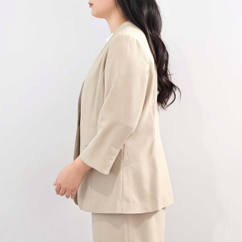 L〜5L イージーケア 吸水速乾 ドライサッカー 7分袖 ノーカラー ジャケット 大きいサイズ レディース fleur by mint breeze フルールバイミントブリーズの画像