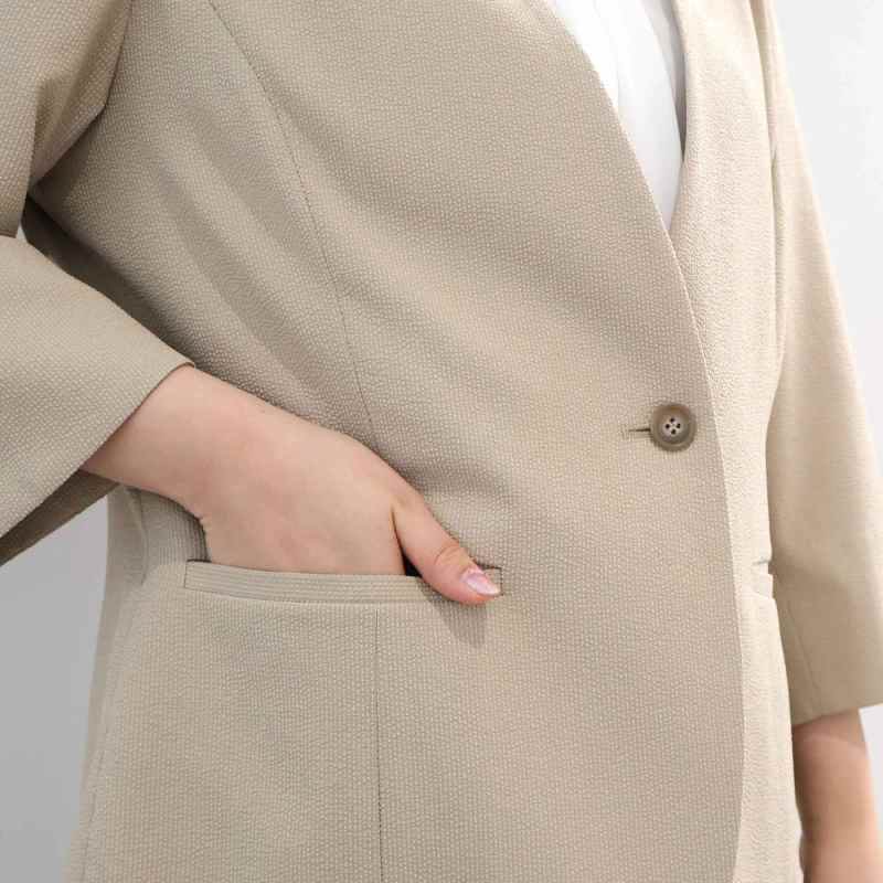 L〜5L イージーケア 吸水速乾 ドライサッカー 7分袖 ノーカラー ジャケット 大きいサイズ レディース fleur by mint breeze フルールバイミントブリーズの画像