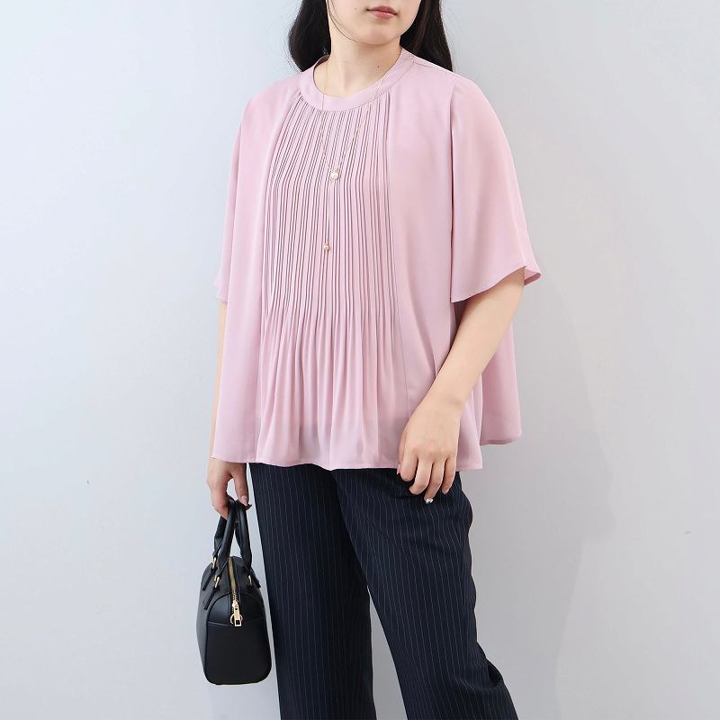L〜6L 接触冷感 抗菌 消臭 さらさらジョーゼットプリーツ ブラウス 大きいサイズ レディース 夏春fleur by mint breezeミントブリーズの画像