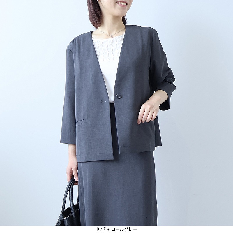 L〜5L イージーケア 速乾 麻調ドビー ノーカラージャケット 大きいサイズ レディース 夏物 ストレッチ 8分袖 フルール バイ ミントブリーズ 返品交換不可 MB mint breeze L〜5L イージーケア 速乾 麻調ドビー ノーカラー