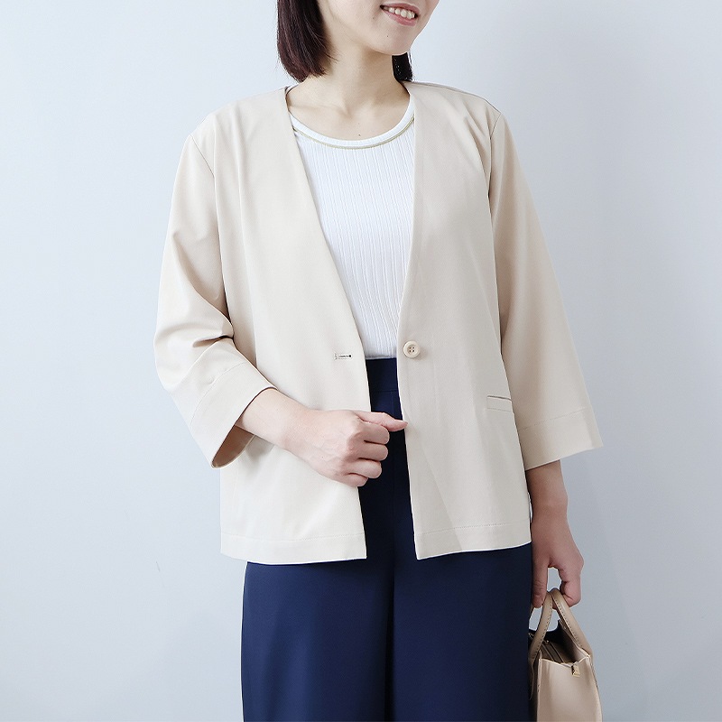 L〜5L イージーケア 速乾 麻調ドビー ノーカラージャケット 大きいサイズ レディース 夏物 ストレッチ 8分袖 フルール バイ ミントブリーズ 返品交換不可 MB mint breeze L〜5L イージーケア 速乾 麻調ドビー ノーカラー