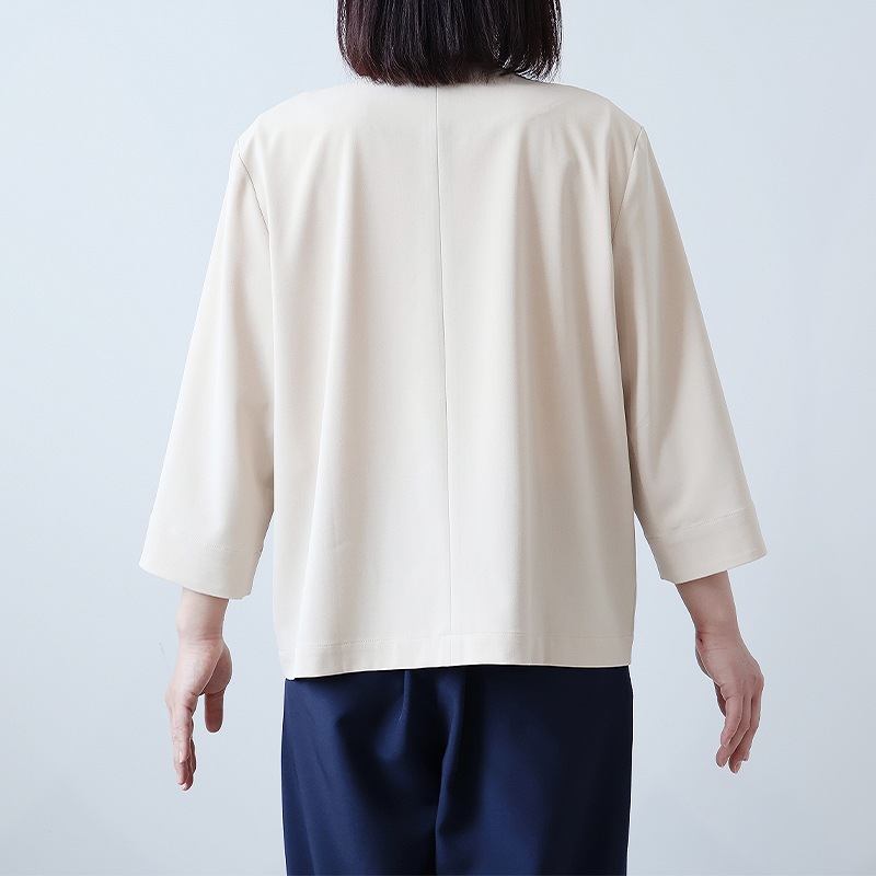 L〜5L イージーケア 速乾 麻調ドビー ノーカラージャケット 大きいサイズ レディース 夏物 ストレッチ 8分袖 フルール バイ ミントブリーズ 返品交換不可 MB mint breeze L〜5L イージーケア 速乾 麻調ドビー ノーカラー