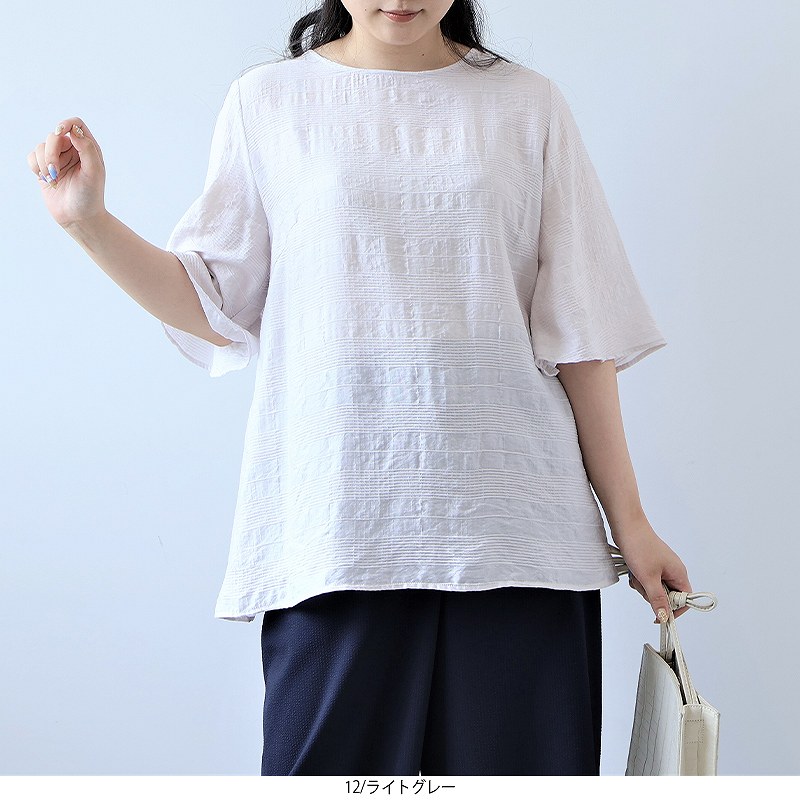 ブラウス シャツ 「接触冷感」「L〜5L 大きいサイズ」ドビーチェックバックフリルブラウス 半袖 春夏 レディース fleur by mint breeze ブラウス シャツ 「接触冷感」「L〜5L