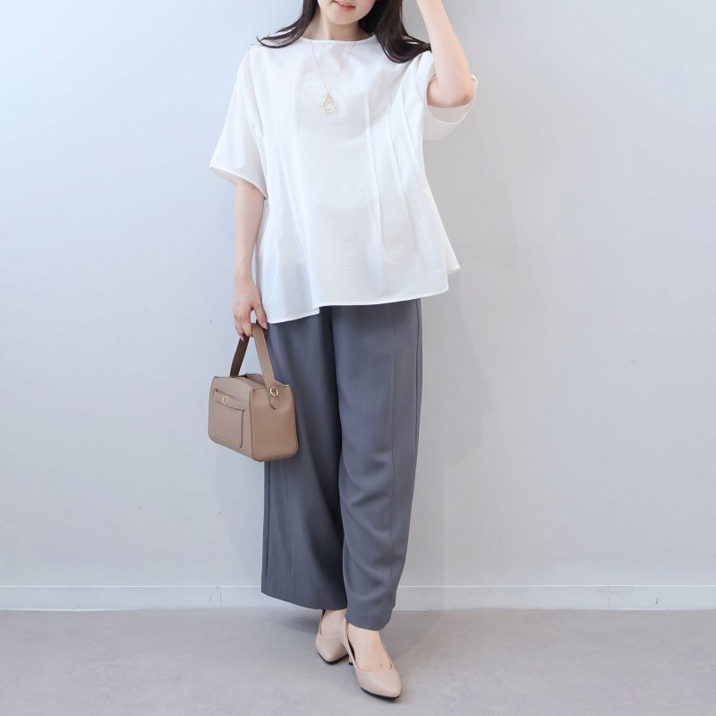 L〜5L コットン シアサッカー サイドタック ブラウス 大きいサイズ レディース 春 夏 半袖 5分袖 fleur by mint breeze フルール バイ ミントブリーズの画像