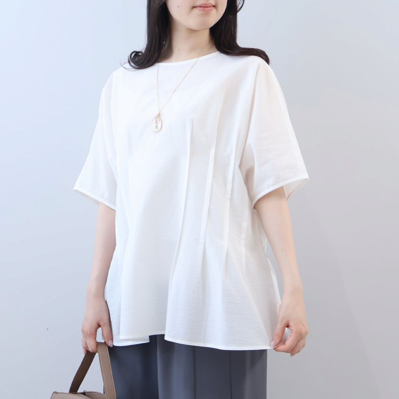 L〜5L コットン シアサッカー サイドタック ブラウス 大きいサイズ レディース 春 夏 半袖 5分袖 fleur by mint breeze フルール バイ ミントブリーズの画像
