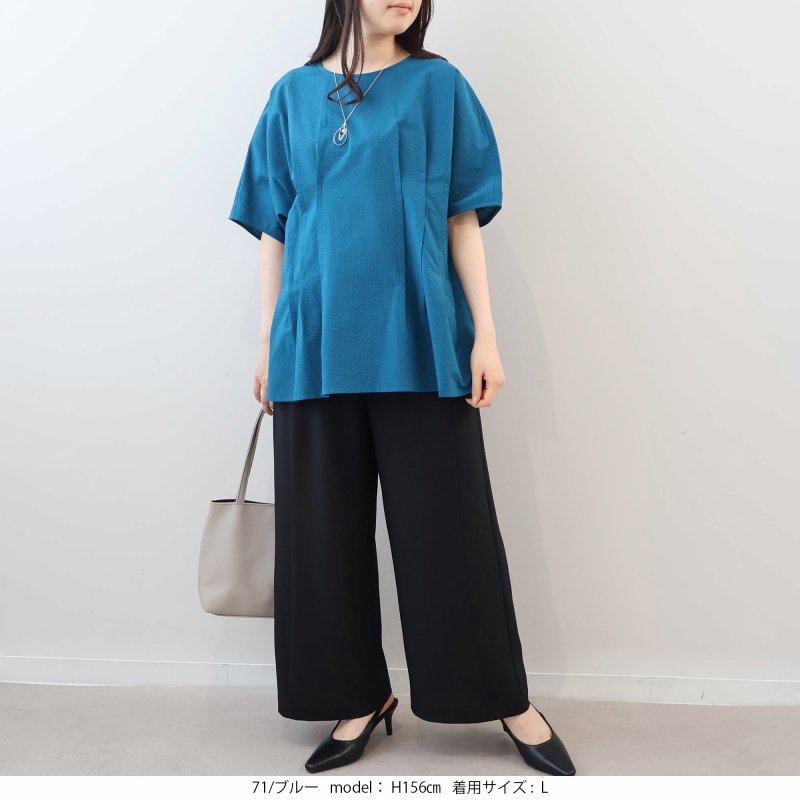 L〜5L コットン シアサッカー サイドタック ブラウス 大きいサイズ レディース 春 夏 半袖 5分袖 fleur by mint breeze フルール バイ ミントブリーズの画像